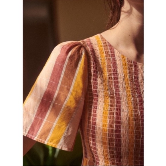 Sezane Magda Mini Dress Cotton Orange Pinstripe Smocked Metallic Sz 36 US S - Picture 4 of 16